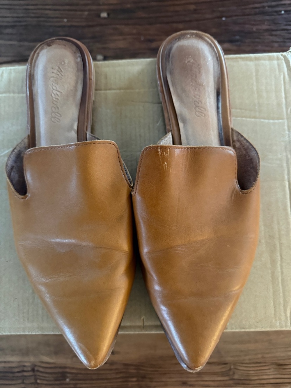 Madewell Leather Pointed-Toe Slip-On Mules in Tan